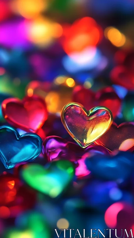 Glowing Glass Hearts Among Colorful Bokeh Lights