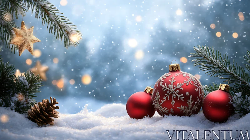 Red ornaments rest in snow beneath evergreen branches