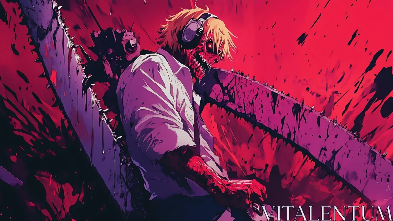 Blood soaked chainsaw headed warrior in red chaos scene