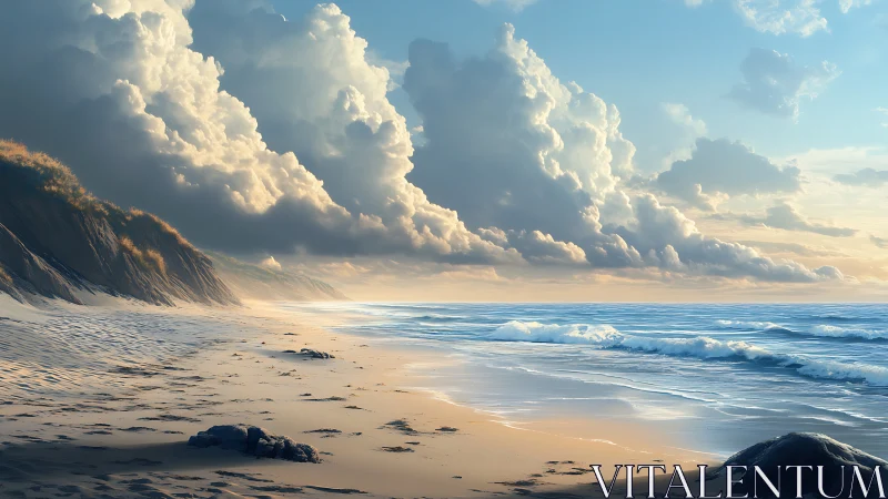 Coastal dunes under dramatic cumulus sky at sunrise seashore.