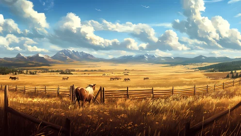 Horses in open grassland before distant mountain range.