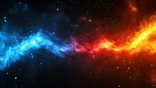 Cosmic blue and orange energy streams collide in space.