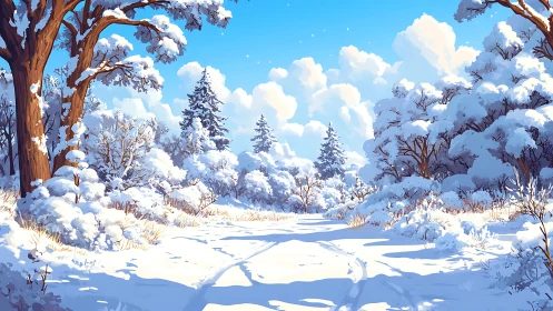 Sunlit winter forest trail with deep snow and tire tracks