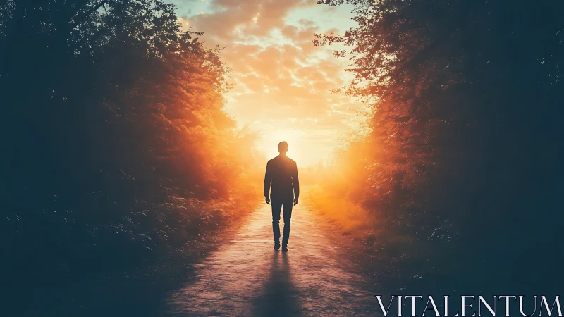 Silhouetted figure walking toward radiant sunset horizon.