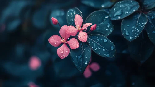 Pink Flowering Crabapple Blossoms with Hydrophobic Foliage Covered in Water Droplets