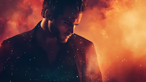 Thoughtful man in warm glowing embers and gentle shadows.