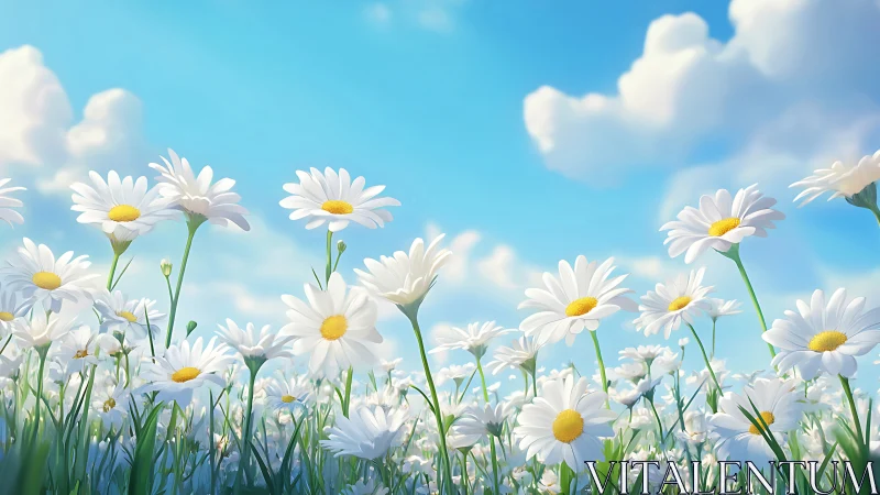 Field of White Daisies Under Blue Sky with Clouds