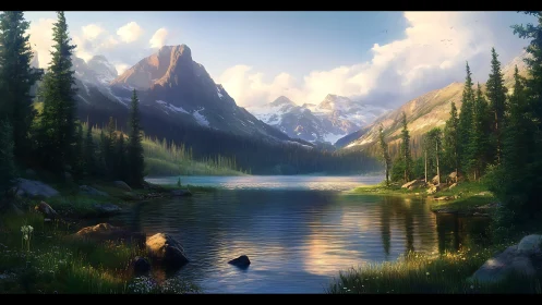 Serene alpine lake mirrors sunlit peaks in tranquil dawn glow