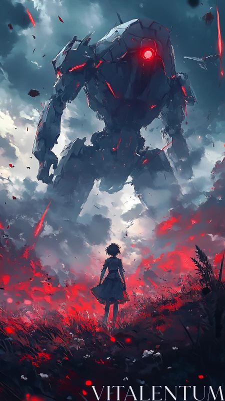 Backlit child confronts towering war mech in red particle storm