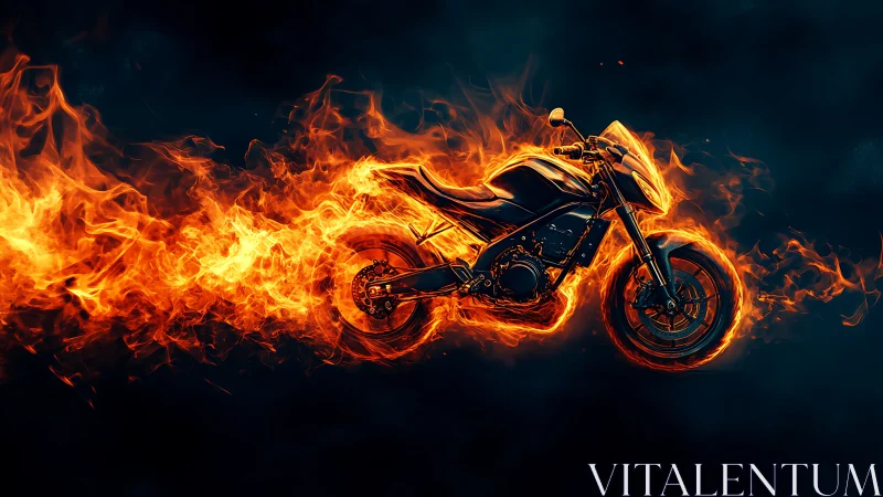 Motorcycle engulfed in blazing flames against dark void.