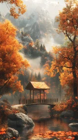 Autumn mountain bridge over misty river in golden forest.