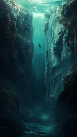 Midnight free diver slips into an emerald abyssal chasm.