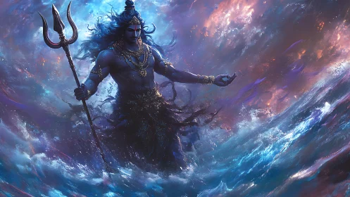 Mythic blue deity with trident emerging from turbulent ocean