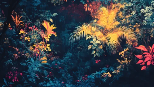 Neon jungle hush with glowing palms and midnight florals.