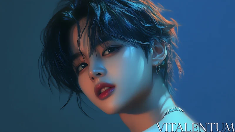 Moonlit gaze in neon hush, androgynous portrait aglow.