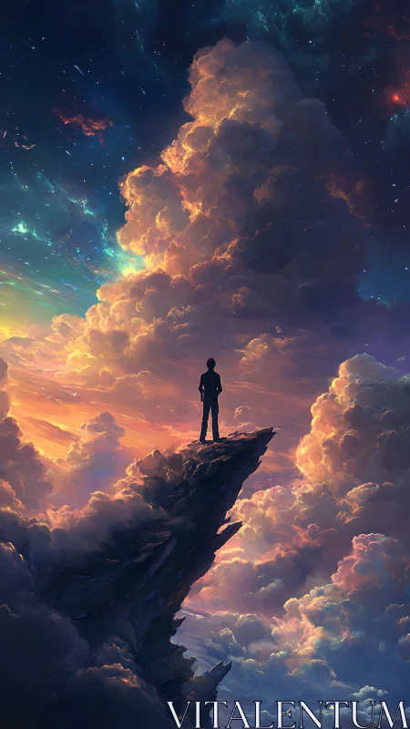 Stargazing dreamer stands atop glowing clouds at dusk