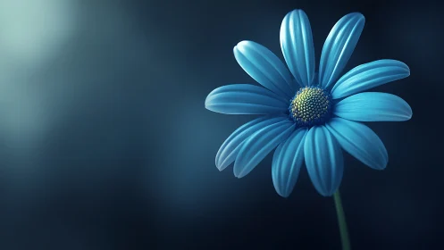 Single blue daisy glows softly against a dark dreamy blur.