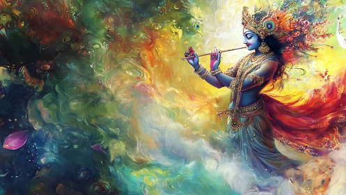 Celestial flutist weaving cosmos in swirling jeweled light.