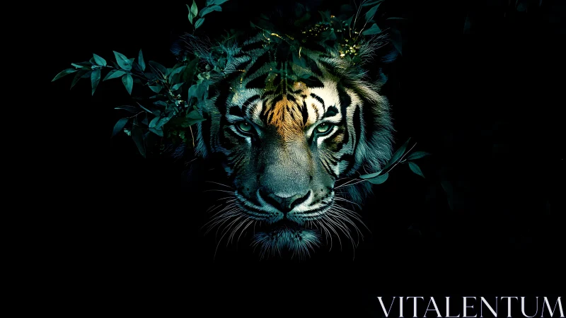 Emerald jungle tiger gazing out from midnight shadows.