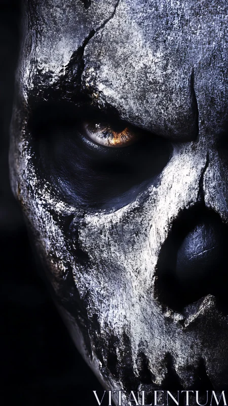 Cracked metallic skull close-up glows with a haunting gaze