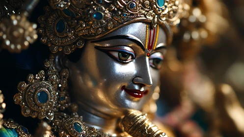 Gilded Hindu goddess idol with jeweled silver face close-up.