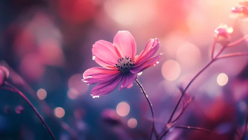 Pink Cosmos Flower with Dew Drops in Soft Focus Garden.
