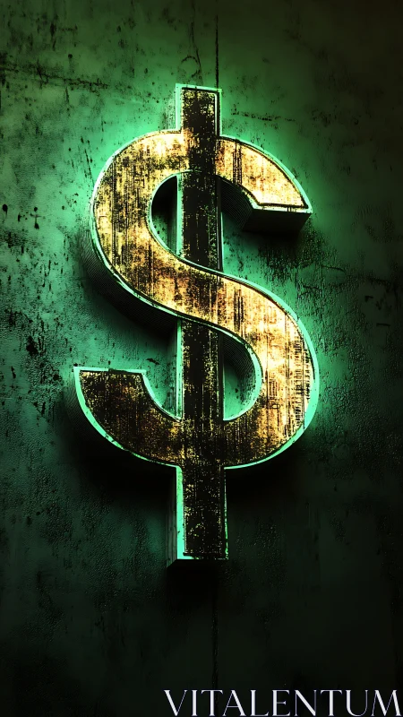 Neon dollar symbol glows against grungy textured wall surface.