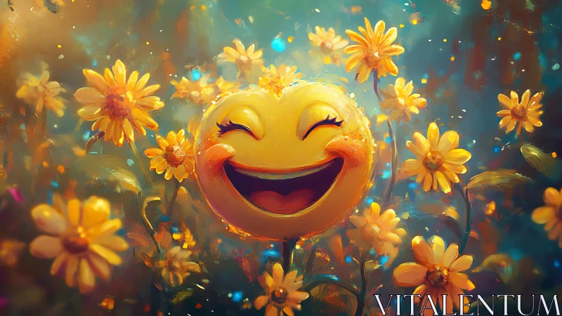 Smiling yellow emoji face floats among glowing daisies