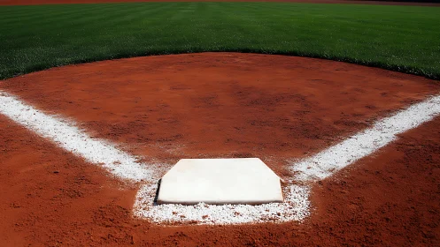 Home plate close-up on groomed infield with white baselines.