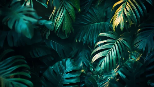 Tropical jungle foliage with teal and golden light effects