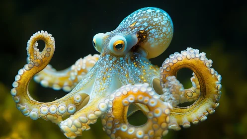 Curious blue-ringed octopus swirling in gentle ocean calm.