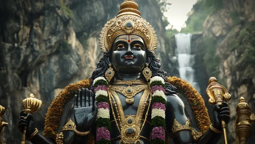 Photorealistic deity sculpture before cascading waterfall backdrop.
