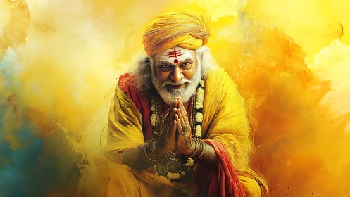 Holy man in saffron robes bows amid radiant yellow clouds.
