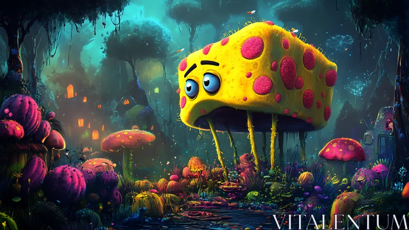 Yellow polka-dotted sponge creature in luminous forest scene.