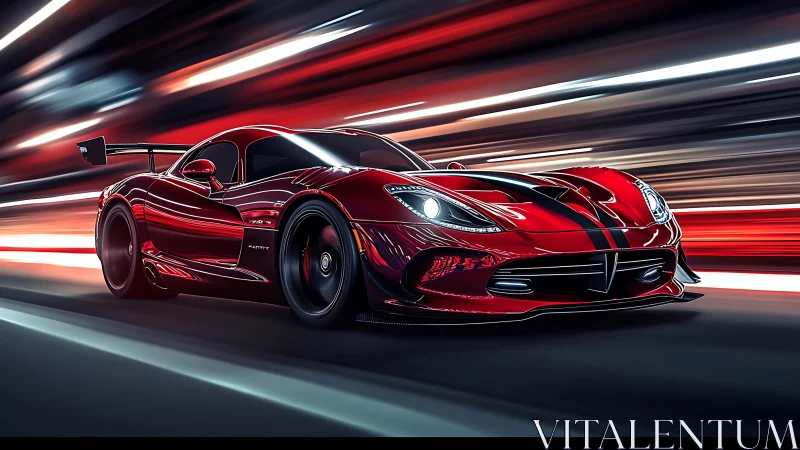 Aerodynamic crimson hypercar in high-velocity motion blur tunnel.