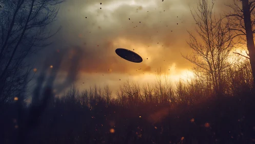 Dark forest sky holds lone UFO against burning sunset clouds