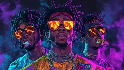 Neon hip hop trio with sunglasses in smoky purple glow.