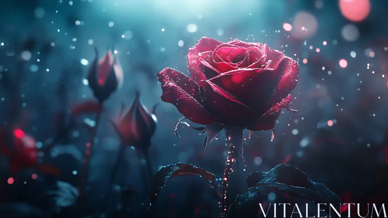 Crystalline Red Rose Glowing in Ethereal Blue Particle Light