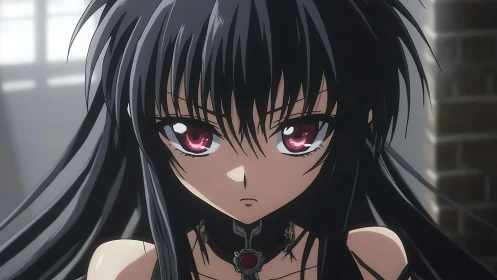 Crimson eyed gothic heroine framed in stormy resolve.