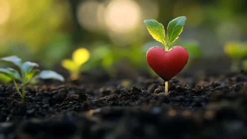 Heart-Shaped Seedling Sprouts Tenderly in Garden Soil.