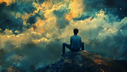 Solitary dreamer perches on starlit cliff between cloud galaxies