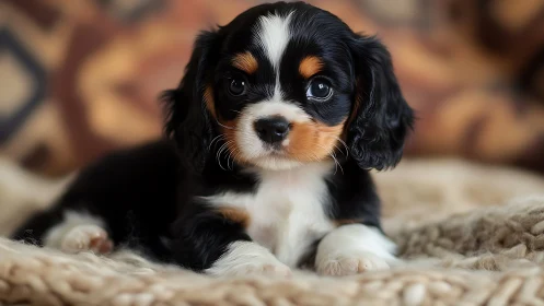 Soft-focused tricolor puppy resting on cozy woven blanket.