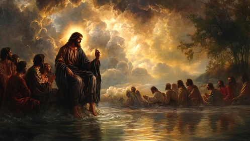 Jesus and disciples gathered by water under radiant sky.