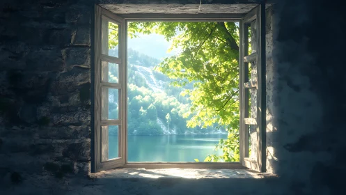 Rustic stone window opens toward sunlit forest lake view