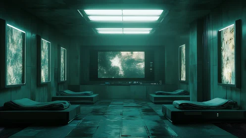 Futuristic dormitory interior uses teal volumetric lighting and steel