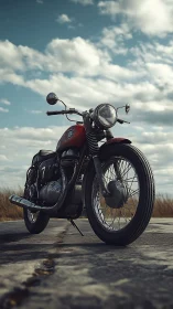Classic red motorcycle waits on an open country road