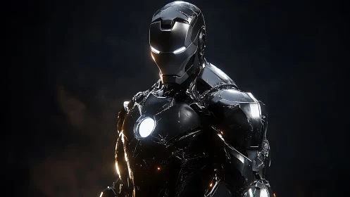 Chromed exosuit hero in cinematic keylight against void backdrop.
