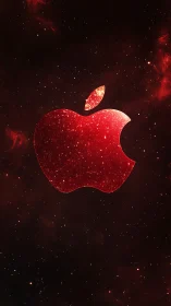 Red galaxy-textured apple emblem floats in high-contrast nebula field