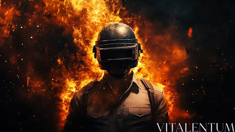 Helmed firewalker emerges from a storm of digital flames.