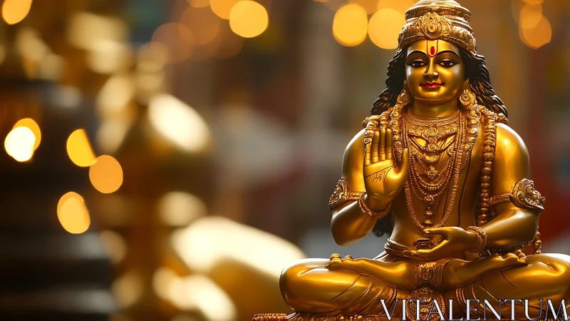 Golden statue of seated deity with soft bokeh lights.